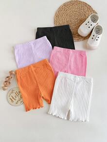 5pcs Baby Girls' Casual Solid Color Elastic Waist Shorts Set - Multicolor - View 5