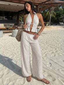 Aloruh Bộ đồ nữ mới về: Áo croptop không tay cổ yếm kẻ sọc và quần ống rộng, trang phục thường ngày cho kỳ nghỉ. - Nhiều màu - Xem 11