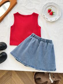 SHEIN Playful Pals 2件套 女童可爱提花针织蝴蝶结装饰无袖上衣+牛仔百褶裙 甜美休闲套装，适合夏季日常穿着、旅行或拍照 - 紅色 - 查看 2