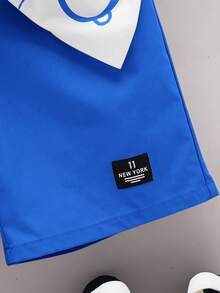 2pcs/Set Tween Boy Casual School Style Cute Pattern Round Neck T-Shirt And Shorts Set, Suitable For Commuting, School, Daily Casual Wear, Sports, Spring/Summer - Royal Blue - View 6