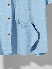SHEIN Teen Boys' Solid Color Single-Breasted Short Sleeve Textured Casual Shirt, Comfortable And Fashionable For Summer, Suitable For Casual, School, Travel, And Beach Vacation Light Blue Shirt Short Sleeve Shirt Mandarin Collar Shirt - Baby Blue - View 10