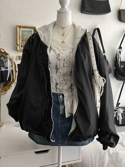 Lalippa Women's Casual Fabric Black Long Sleeve Hooded Zipper Coat Outerwear