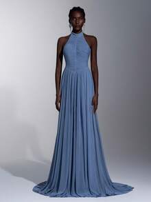 Elitara 极简褶皱无肩带A字裙摆连衣裙，拉链闭合，适合作为晚礼服、派对礼服，轻盈网纱连衣裙 - 藍色 - 查看 6