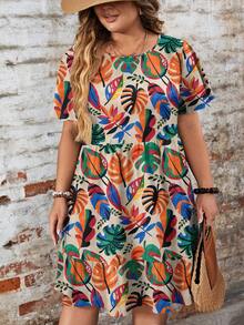 EMERY ROSE 音乐节休闲简约印花宽松圆领短袖大码连衣裙，适合春夏秋季穿着，时尚百搭。 - 彩色 - 查看 4