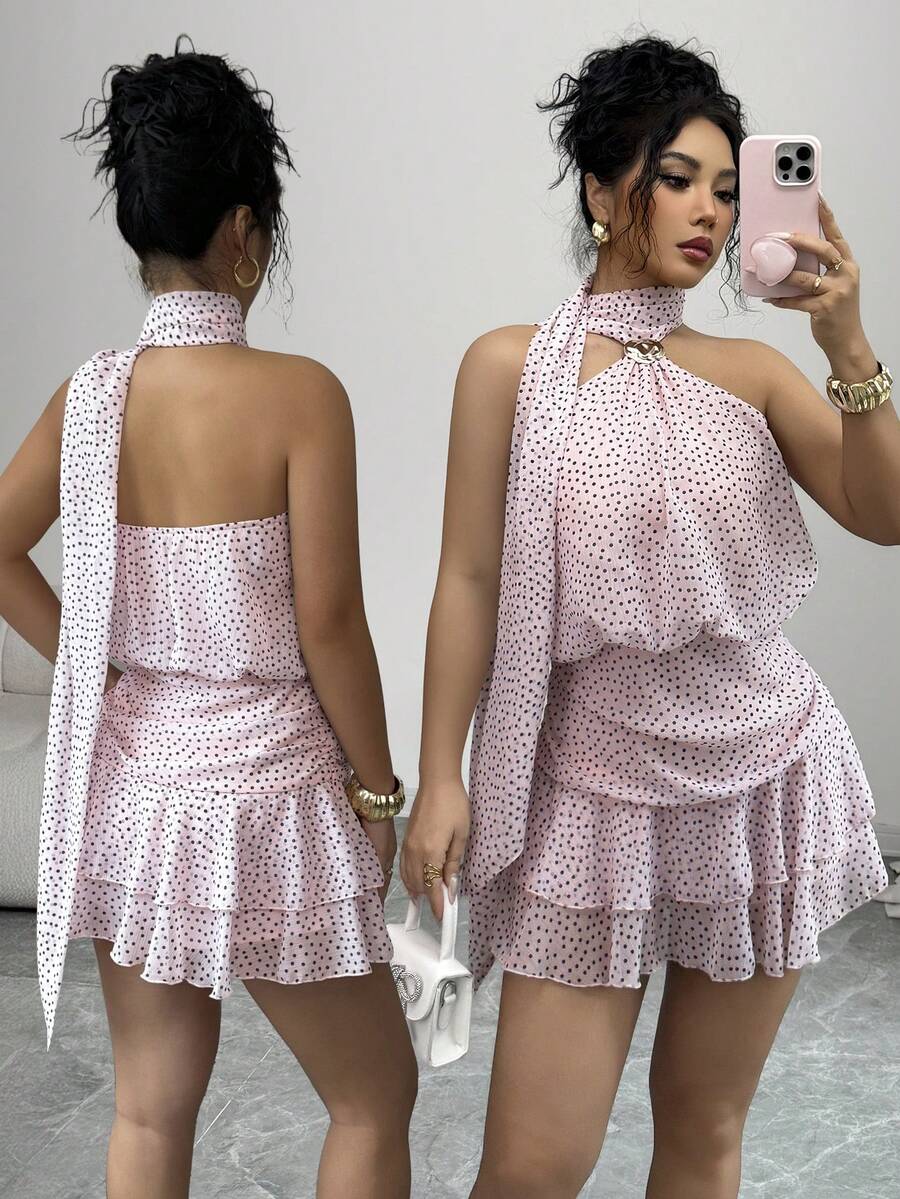 Elenzga Đầm nữ mùa xuân/hè kiểu Pháp lãng mạn, thanh lịch, thường ngày, thích hợp đi làm, đi nghỉ mát, dự tiệc trà chiều, tiệc Valentine. Chất liệu chiffon chấm bi hồng, xếp ly eo, nhiều lớp bèo nhún, trang trí kim loại, dây buộc cổ, có lớp lót. - Màu Hồng baby - Xem 1