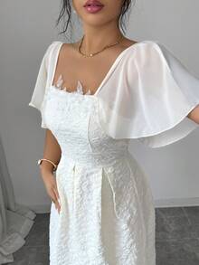 Modelyn Đầm kiểu Pháp thanh lịch dành cho phụ nữ, màu mơ, chất liệu chiffon, phối họa tiết jacquard, xếp nếp. - Màu be - Xem 3