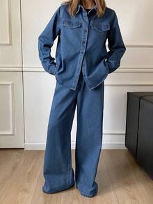 DAZY Women's Casual Pocket Shirt And Wide Leg Jeans 2-Piece Suit, Autumn - Blue - View 5