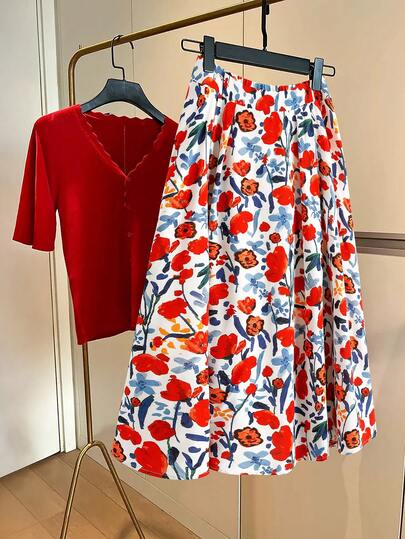 GlowEve CURVE Gonna a-line con stampa floreale rossa, taglia comoda, elegante per appuntamenti e vacanze estive, abbinabile a top, gonna midi estiva