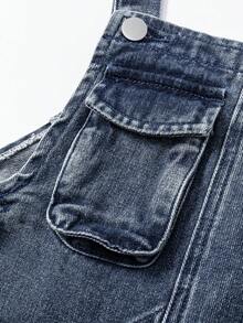 Tween Girls' Denim Bib Pants And Jumpsuit, New Casual Fashion Cargo Pocket Design Washed Blue Denim Bib Pants - Blue - View 6