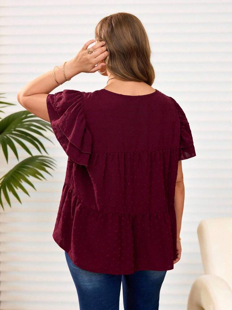 Plus Size Women's Summer Casual Vacation Solid Color Textured Short Sleeve Blouse, Summer,Early Spring Break,Vacation,Holiday,Spring,Going Out,2026 New,Simple And Fashionable For Everyday Wear, Babydoll Tops For Women Elegant, Wine Red Top
