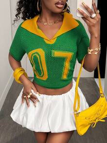 BamGleam 女士春夏绿色上衣，休闲针织背心，镂空打孔运动风，户外数码七翻领，撞色街头时尚夏季上衣，适合度假、春假、外出等场合。 - 綠色 - 查看 1