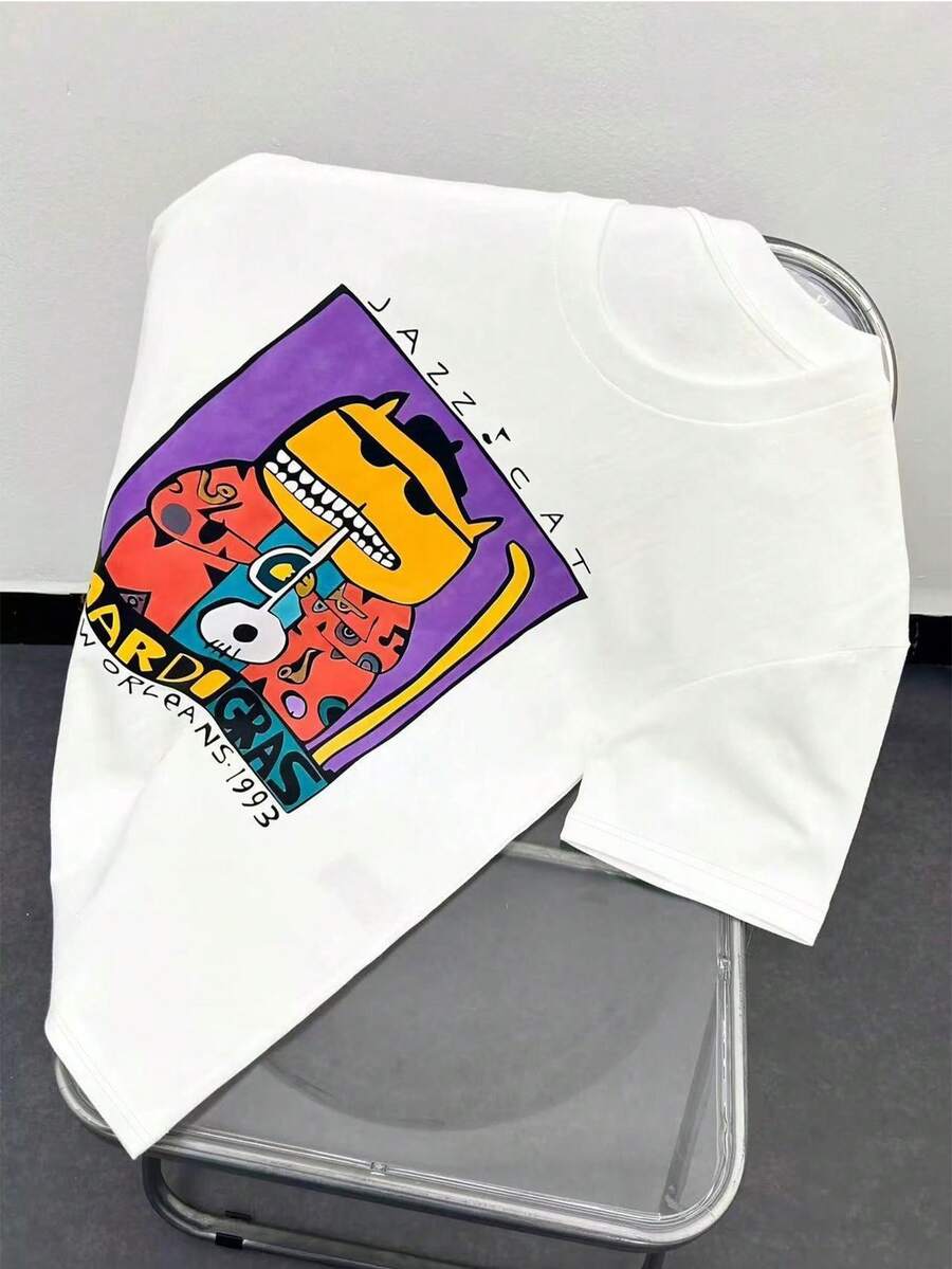 Manfinity Dauomo Men's Round Neck Short Sleeve T-Shirt, Casual Versatile Style, Classic White, English Letter/Cartoon/Music Note Graphic Print, Suitable For Students, Streetwear, Daily Wear, Travel, Commute - Multicolor - View 1