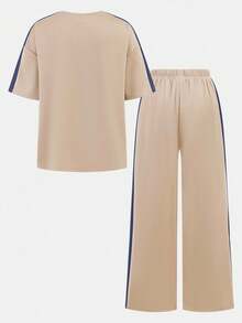 Conjunto de camiseta y pantalones de niña preadolescente de estilo casual holgado, minimalista y cómodo con cuello redondo y diseño de patchwork de colores contrastantes - Albaricoque - Ver 3