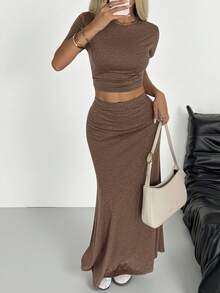 SHEIN EZwear Brown Knit Women's Slim Fit Commuter Suit - Brown - View 5