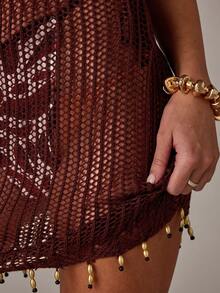 SHEIN BAE Women's Summer Vacation Beach Hollow-Out Knit Cover-Up Dress,2026 Summer New Arrivals: Brown Knitted Tulle Dress Cover-Up, Sexy Party/Music Festival Women's Swimwear, Women's Beach Vacation Wear, Elegant Women's Beach Swimwear, Vacation Wear, Women's Swimwear, Beach Party, Pool Party. - Brown - View 3