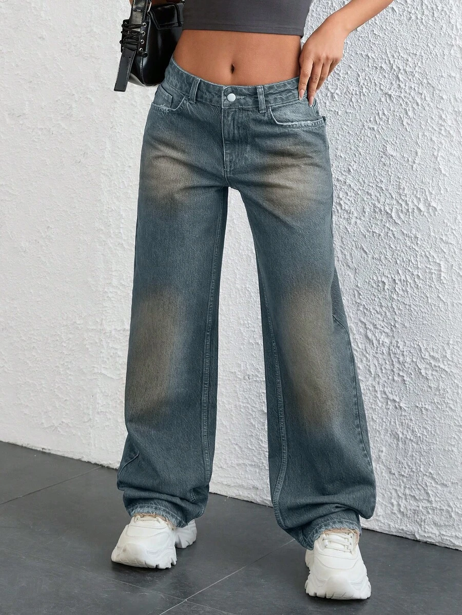 EURMUSE 低腰复古水洗直筒牛仔裤 - 霧霾藍 - 查看 1