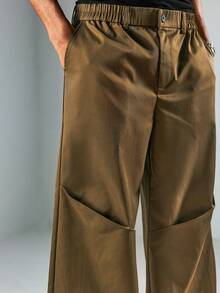 ROMWE MEN Street Life Spring Casual Men'S Solid Color Elastic Waist Pleated Wide Leg Pants - Brown - View 2
