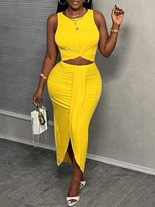 Slaydiva 新款腰部镂空扭结连衣裙，修身休闲度假风 - 黃色 - 查看 8