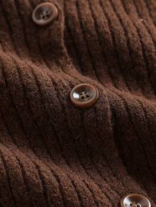 Olithes Minimalist Round Neck Vertical Ribbed Short Sleeve Knit Cardigan - Brown - View 4
