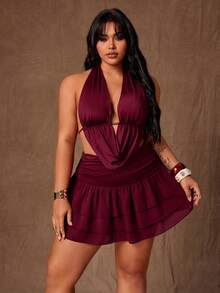 Rustia Bộ đồ 2 mảnh quyến rũ dành cho nữ cỡ lớn, màu đỏ nâu, áo hai dây hở lưng, cổ chữ V gợi cảm, không tay, dáng bất đối xứng, trang trí khóa kim loại, thích hợp cho kỳ nghỉ biển, đi biển, lễ hội âm nhạc, tiệc tùng, lễ hội hóa trang, phong cách đường phố, hộp đêm, hẹn hò, sinh nhật, thanh lịch, đồ cần thiết cho bữa tiệc, phong cách cổ điển, thoải mái thành thị, thời trang đường phố, váy tốt nghiệp bằng satin, thời trang cổ điển, bộ áo hở lưng. - Màu Đỏ Sâu - Xem 6