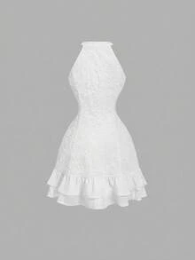 SHEIN MOD Vestido mini de vacaciones de gasa color albaricoque con flores 3D, atuendos de verano para mujer, ropa de playa, atuendos de playa para mujer, atuendos de primavera para mujer, vestido de gasa, bohemio, atuendos de rave festival, atuendos de primavera, vestido azul y blanco, vestido de cumpleaños, fiesta, vestido de graduación, volantes - Blanco - Ver 3
