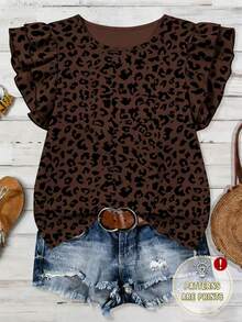 EMERY ROSE 女士新款春夏畅销豹纹圆领双层荷叶袖T恤 - 彩色 - 查看 1