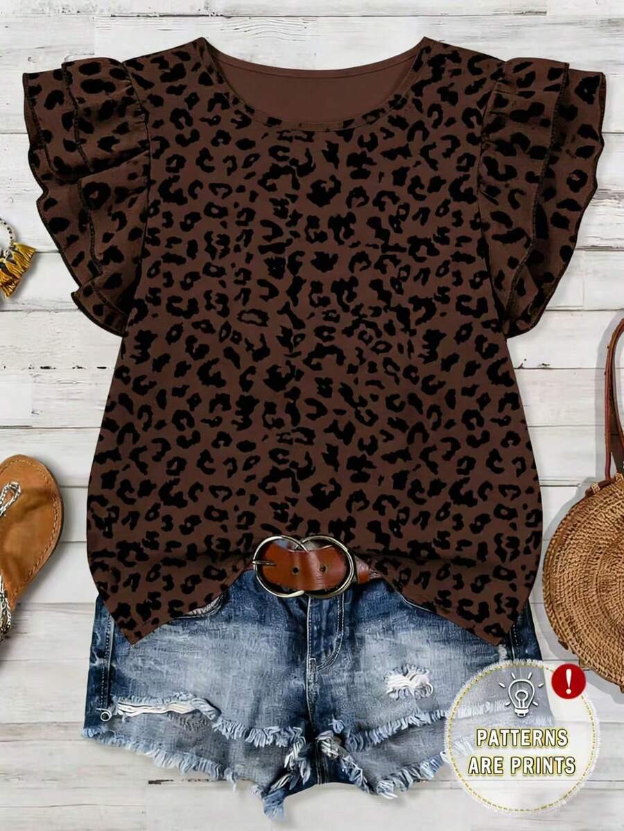 EMERY ROSE 女士新款春夏畅销豹纹圆领双层荷叶袖T恤 - 彩色 - 查看 1