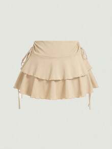 SHEIN MOD 女士简约纯色抽绳腰褶裥半身裙，夏季 - 駝色 - 查看 2