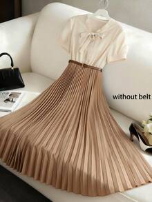 GlowEve 女士撞色蝴蝶结领褶皱A字优雅日常通勤时尚法式街头复古百搭商务春夏衬衫裙 - 彩色 - 查看 7