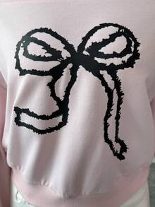 Elenzga Women's Spring/Summer Casual Outfit, Suitable For New Year, Valentine's Day, Easter, Mother's Day, Middle Eastern Party, Wedding, Elegant French Sweet Romantic Vacation, Boat Neck Bow Print Long Sleeve Sweatshirt, Pink - Pink - View 7