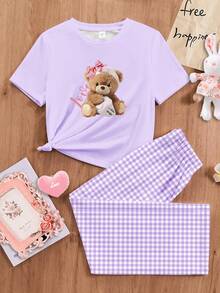 Bộ đồ mặc nhà tối giản phong cách thường ngày dành cho bé gái tuổi teen, gồm áo thun cổ tròn tay ngắn và quần ống rộng, họa tiết gấu dễ thương và kẻ caro, thích hợp cho mùa xuân/hè. - Nhiều màu - Xem 3