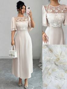 Modelyn 女士优雅花卉刺绣网纱拼接连衣裙，春夏款 - 杏色 - 查看 1