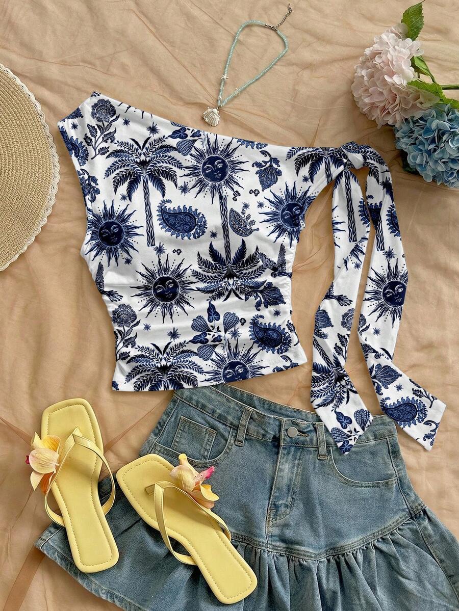 Soleia Casual Vacation Style Blue Sun God Allover Print Women Top, Suitable For Spring/Summer, Vacation Style Spring - Multicolor - View 1