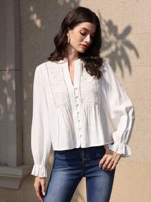 Mulvari Áo sơ mi dài tay thêu rỗng thời trang, kiểu dáng thường ngày, thích hợp cho mùa xuân/hè. - trắng - Xem 5