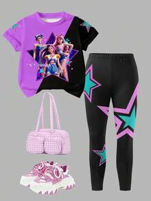 2pcs/Set Girls Idol Group Printed Top & Leggings Set, Fashionable Casual Outfit For Toddlers - Multicolor - View 2