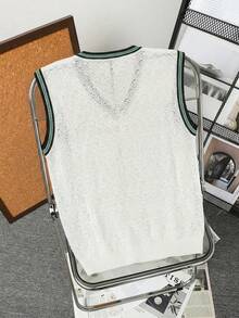 Manfinity Homme 男士休闲百搭数字条纹V领针织背心 - 白色 - 查看 5