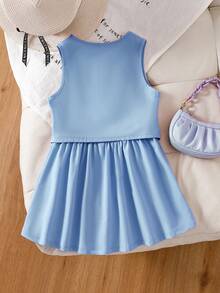 Elladie kids 两件套复古西装背心和百褶裙套装，休闲优雅设计，适合年轻女孩 - 淺藍色 - 查看 2