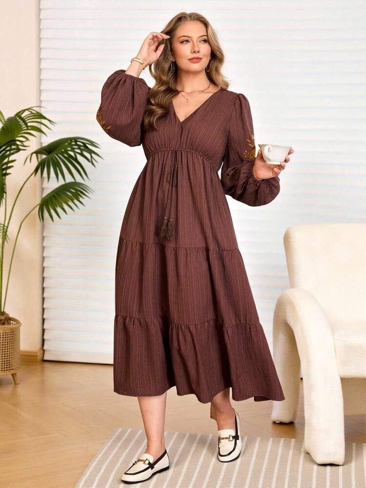 Plus Size Floral Print Lantern Sleeve Casual Vacation Dress Brown Elegant Dress Women Long Sleeve Summer Dress Brown Summer Dress Valentine Outfits For Women Spring Break Outfits Summer Holiday Outfits Carnival Weddings & Events Elegant Dress Women Spring To Summer Elegant Brown Dress