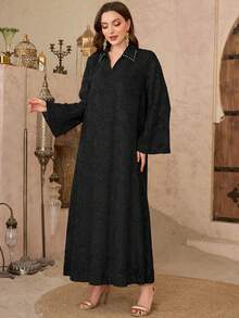 Al Najma Rhinestone Decorated Collar Mesh Elegant Arabic Style Dress - Black - View 3