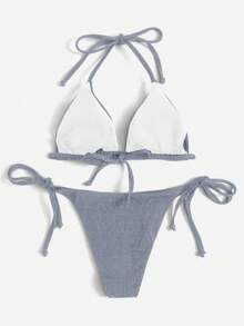 Swim Mod Bộ bikini tối giản màu trơn ánh kim lấp lánh dành cho nữ, kiểu dáng hở lưng, buộc dây phía trước, xẻ tà, thích hợp cho kỳ nghỉ hè trên bãi biển. - Màu xanh bụi bặm - Xem 2