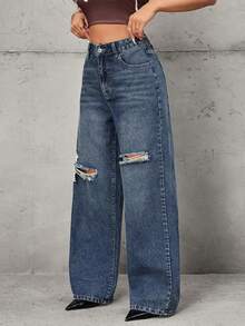 SHEIN Tall 高腰做旧水洗阔腿牛仔裤 - 深色水洗藍 - 查看 3