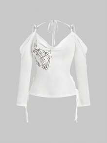 ROMWE Grunge Punk Spring/SummercasualAnchor Chain Print Rhinestone Embellished Off-Shoulder Bodycon T-Shirt - White - View 2