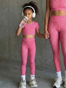 Girls (Small) Casual Professional Fashion Pink Leopard Print Tight Yoga Exercise Sports Leggings Cycling Pants Activewear - Pink - View 7