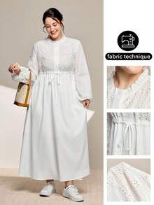 Momelise Đầm suông cổ chữ V hở vai tay dài thanh lịch cho nữ cỡ lớn - trắng - Xem 1