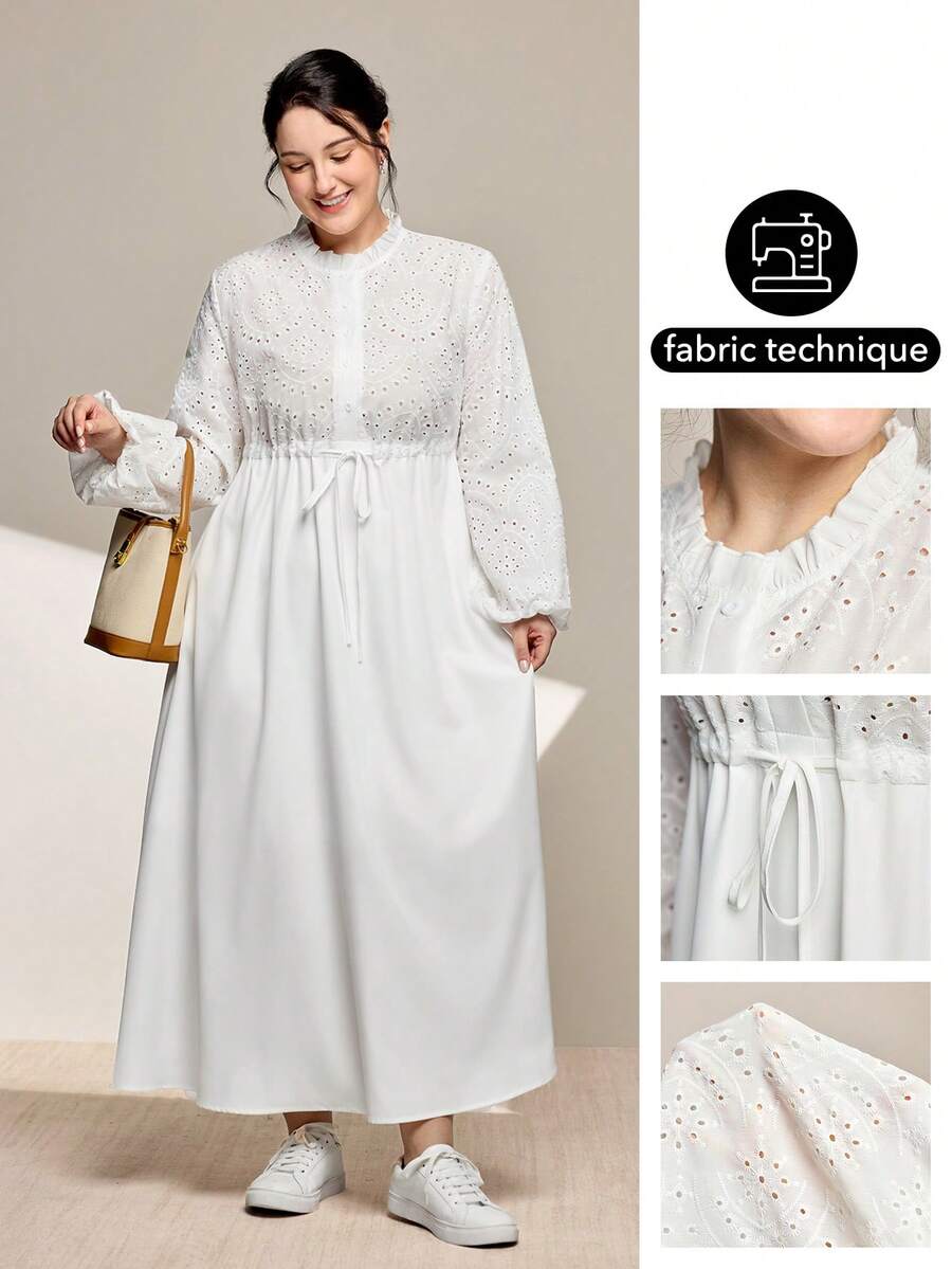 Momelise Đầm suông cổ chữ V hở vai tay dài thanh lịch cho nữ cỡ lớn - trắng - Xem 1