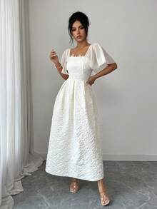 Modelyn Đầm kiểu Pháp thanh lịch dành cho phụ nữ, màu mơ, chất liệu chiffon, phối họa tiết jacquard, xếp nếp. - Màu be - Xem 5