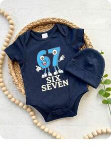 SHEIN Áo liền quần ngắn tay cổ tròn in chữ hoạt hình cho bé sơ sinh - màu đen - Xem 2