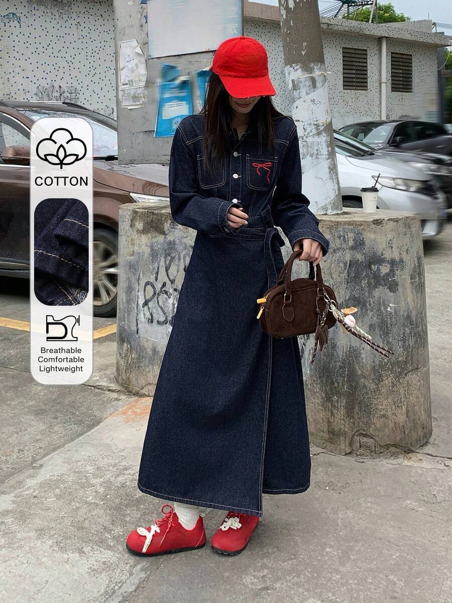 DAZY 女士翻领蝴蝶结刺绣装饰二合一不规则拼接设计休闲优雅牛仔连衣裙