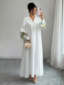 Yasmyna Women's Floral Lace Patchwork Long Sleeve Elegant Arabic Dress - White - View 6