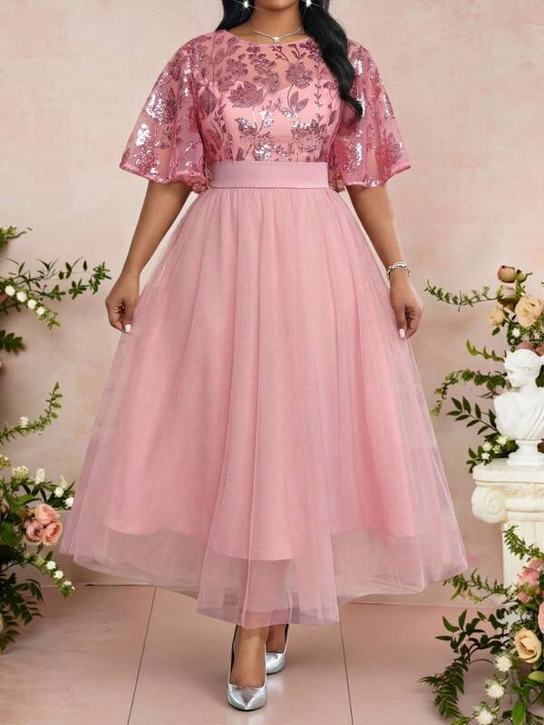 Fleurora Spring And Summer Pink Dress Plus Size Women Floral Sequin Ruffle Sleeve Elegant Luxury Dress Vacation Outfits Women Elegant Dress For Women Birthday Dress Wedding Guest Dress For Women Beach Dress Summer Dress Valentine's Day Carnival Costume Summer Dress Carnival Costume Elegant Dresses For Party Wedding Guest Dress Wedding Party Dress Elegant Women Clothing Elegant Pink Dress Tea Length Dress Garden Party Formal Dress Belle Elegant Dress Sequin Skirt Spring Dress Church Dress